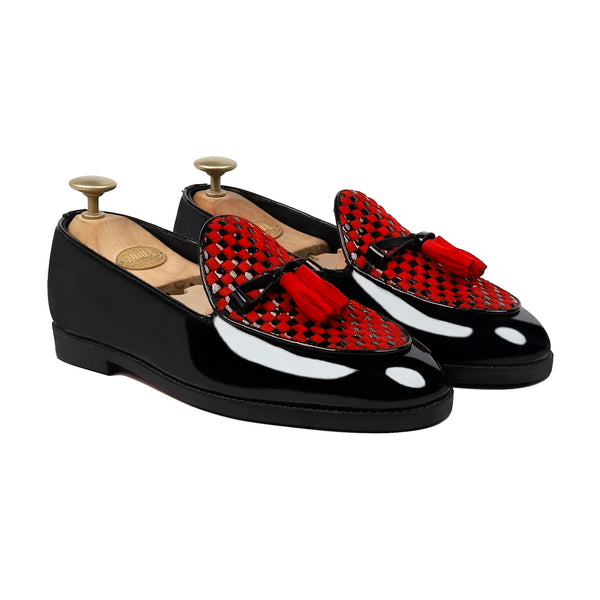 Avero - Men's Black Patent and  Red Suede Hand Woven  Leather Loafer