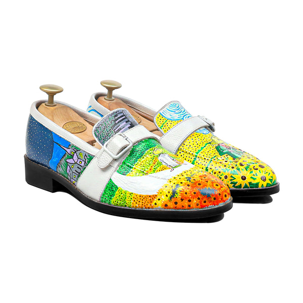 Elios - Men's White Hand Painted Strapped Loafer
