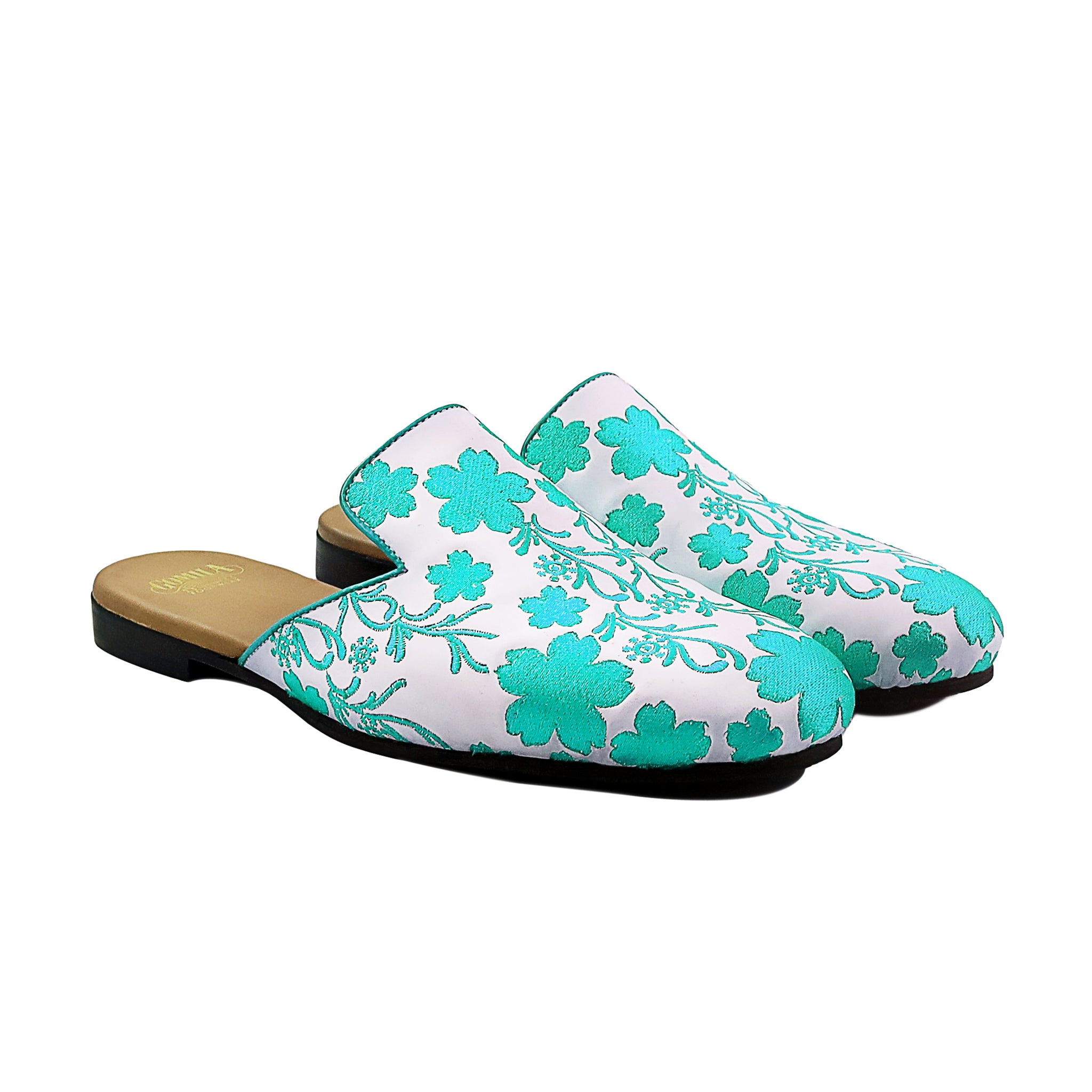 Cason - Men's White Calf Leather And Cyan Embroidery Slipper