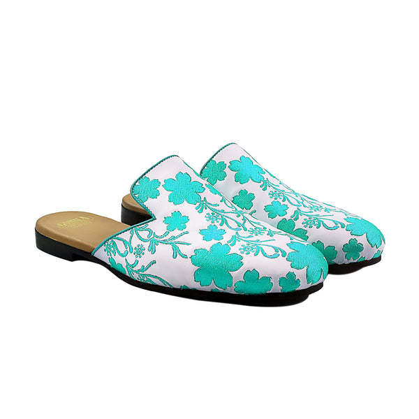 Cason - Men's White Calf Leather And Cyan Embroidery Slipper
