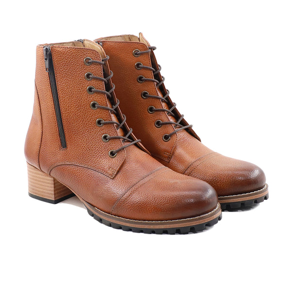 Kouta - Ladies Tan Pebble Grain Leather Ankle Boot
