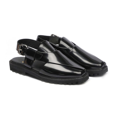 Sakua - Men's Black Box Leather High Shine Sandal