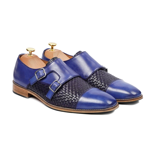 Alingsas - Men's Blue Hand Woven Calf Leather Double Monkstrap