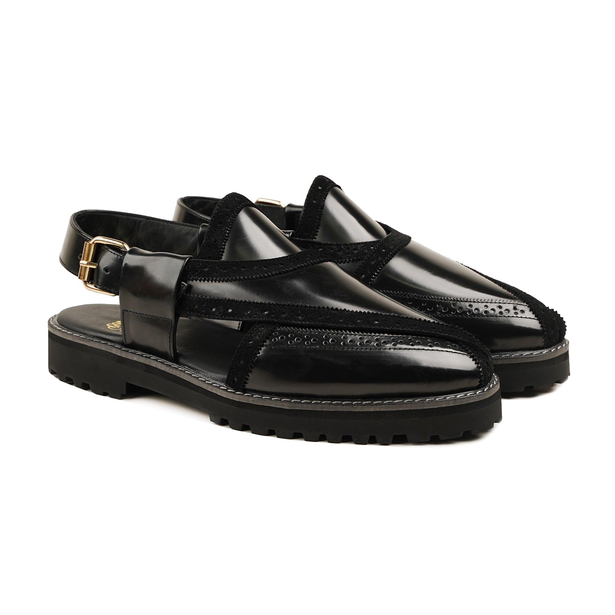 Soweto - Men's Black Box Leather High Shine and Kid Suede Sandal