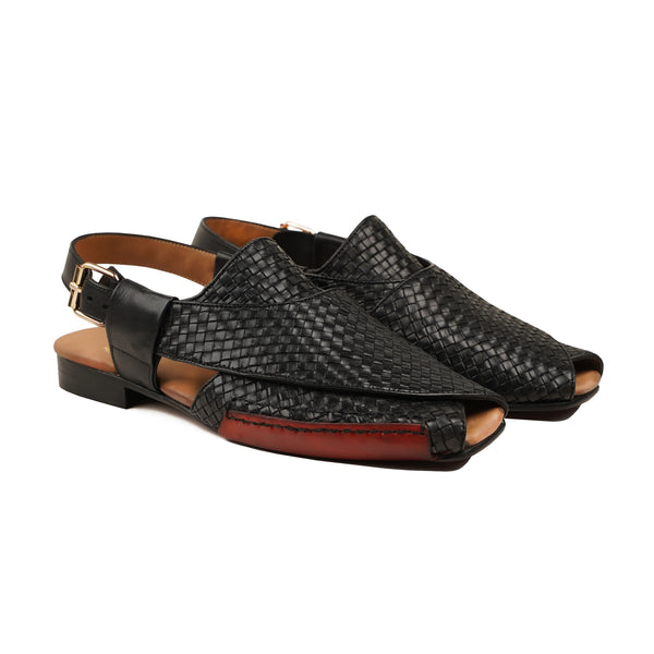 Hide - Men's Black Hand Woven Calf Leather Sandal