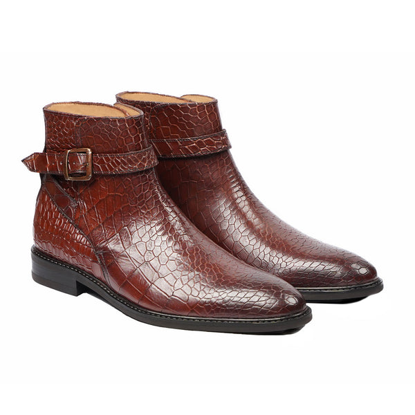 Koemi - Men's Brown Patina Crocodile Printed Calf Leather Jodhpur Boot