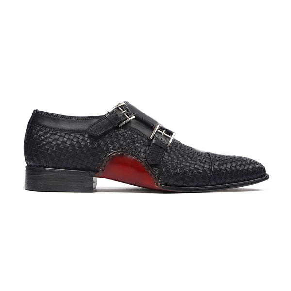 Dasoki - Men's Black Hand Woven Calf Leather Double Monkstrap