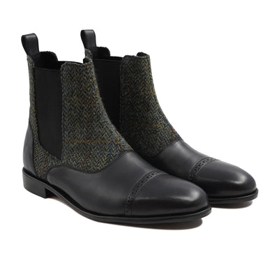 Kempty - Men's Black Pebble Grain Leather and Harris Tweed Chelsea Boot