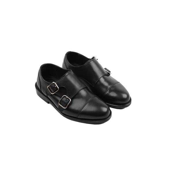 Gunner - Kids Black Calf Leather Double Monkstrap