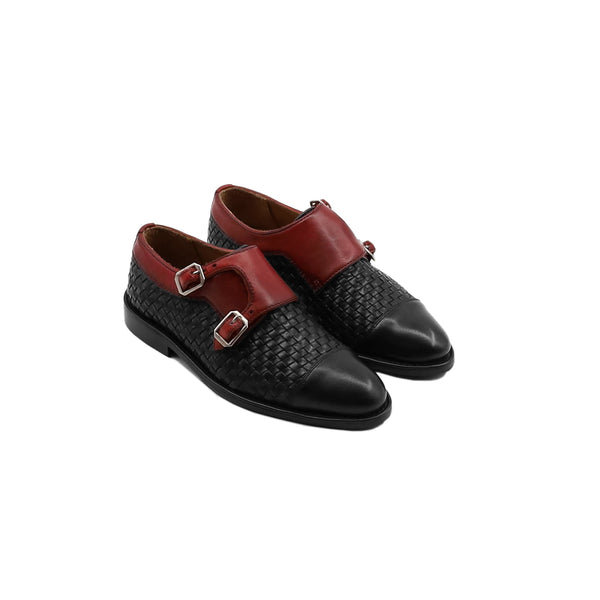 Hajar - Kid's Oxblood Calf Leather and Black Hand Woven Calf Leather Double Monkstrap (5-12 Years Old)