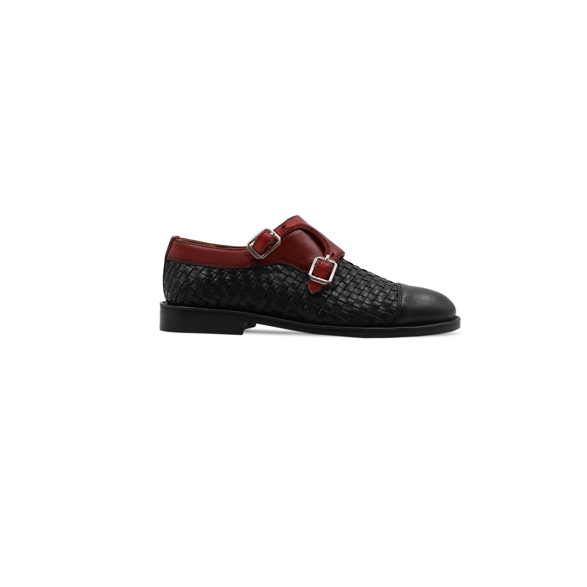 Hajar - Kid's Oxblood Calf Leather and Black Hand Woven Calf Leather Double Monkstrap (5-12 Years Old)