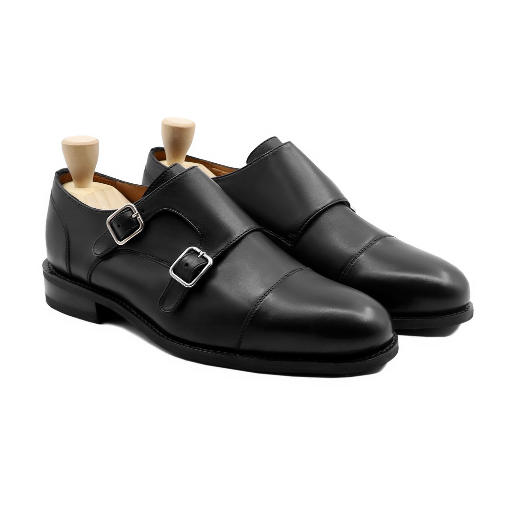 Shajara - Men's Black Calf Leather Double Monkstrap - Goodyear Welted