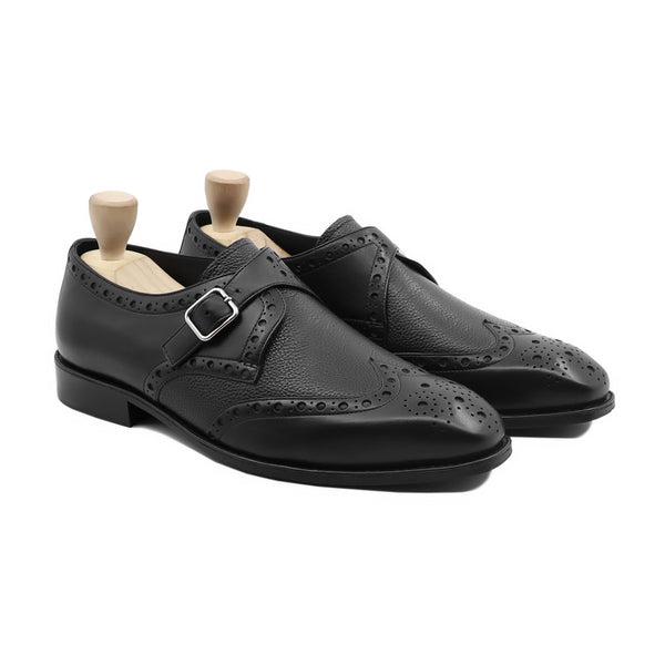 Rivaldo - Men's Black Calf Leather and Pebble Grain Leather Single Monkstrap