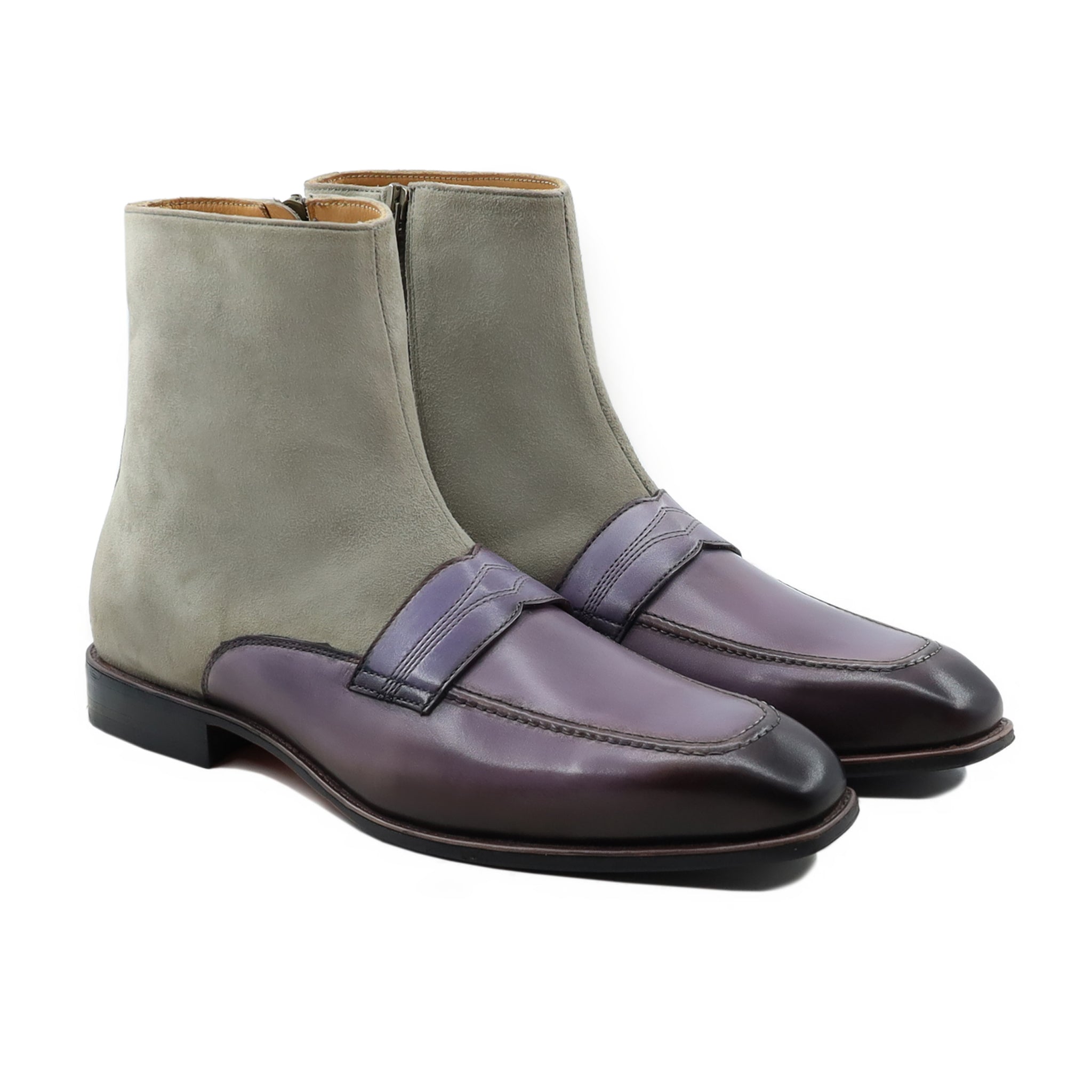 Kansas - Men's Burnished Purple Grey Calf Leather and Steel Grey Kid Suede Chelsea Boot