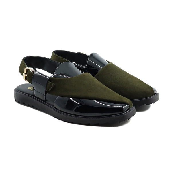 Hassium - Men's Black Patent and Olive Green Kid Suede Sandal