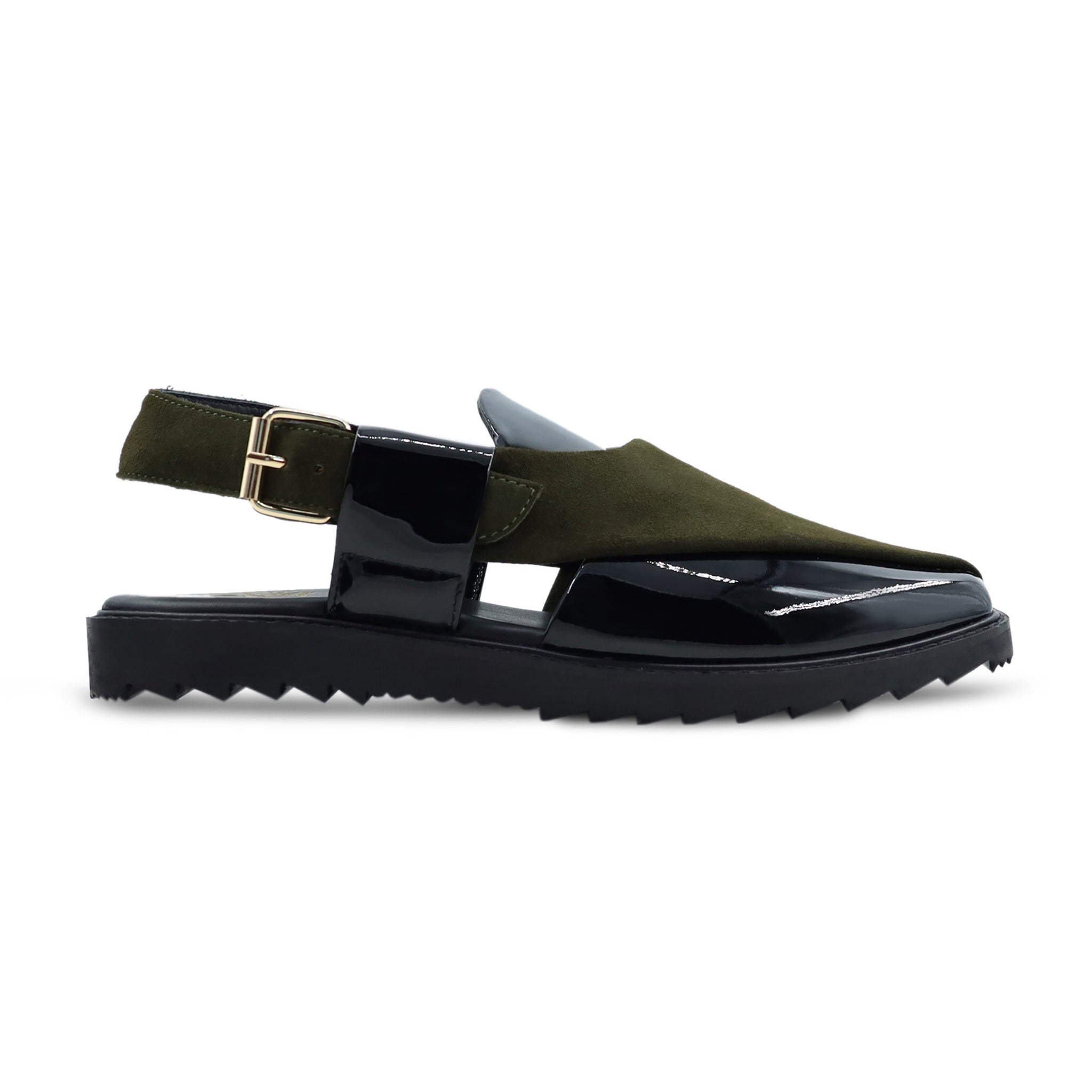 Hassium - Men's Black Patent and Olive Green Kid Suede Sandal