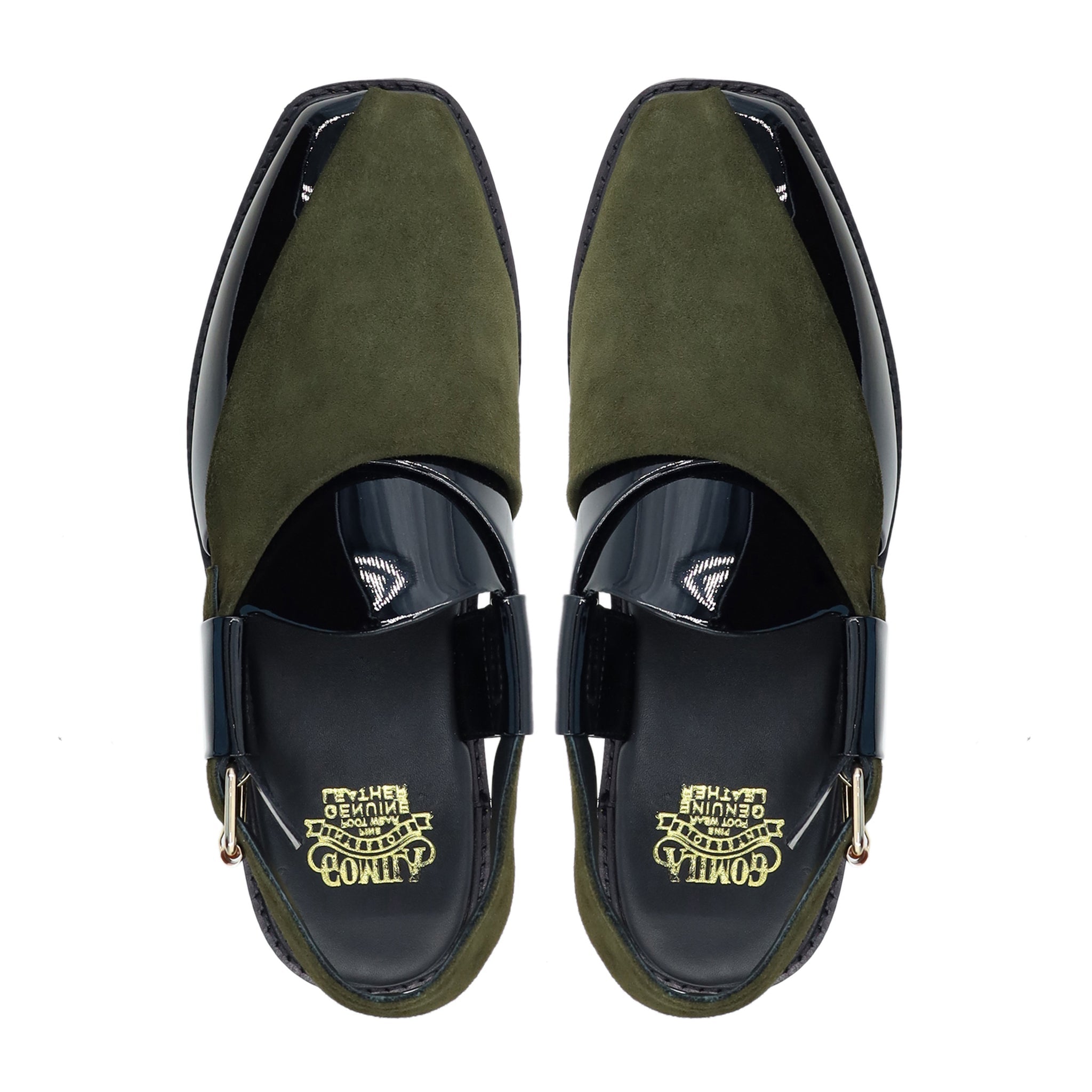 Hassium - Men's Black Patent and Olive Green Kid Suede Sandal