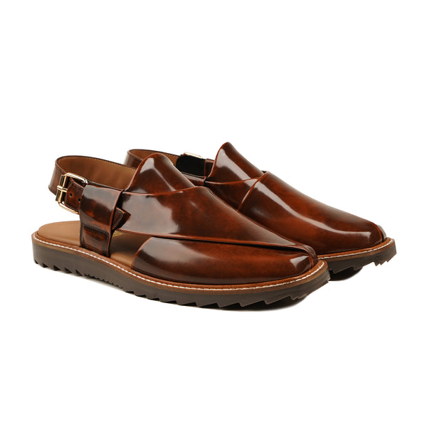 Miku - Men's Brown Box Leather High Shine Sandal