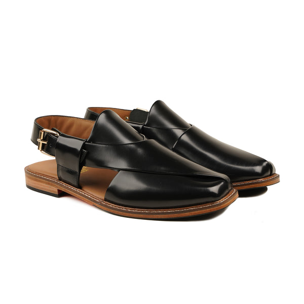 Asaka - Men's Black Box Leather High Shine Sandal