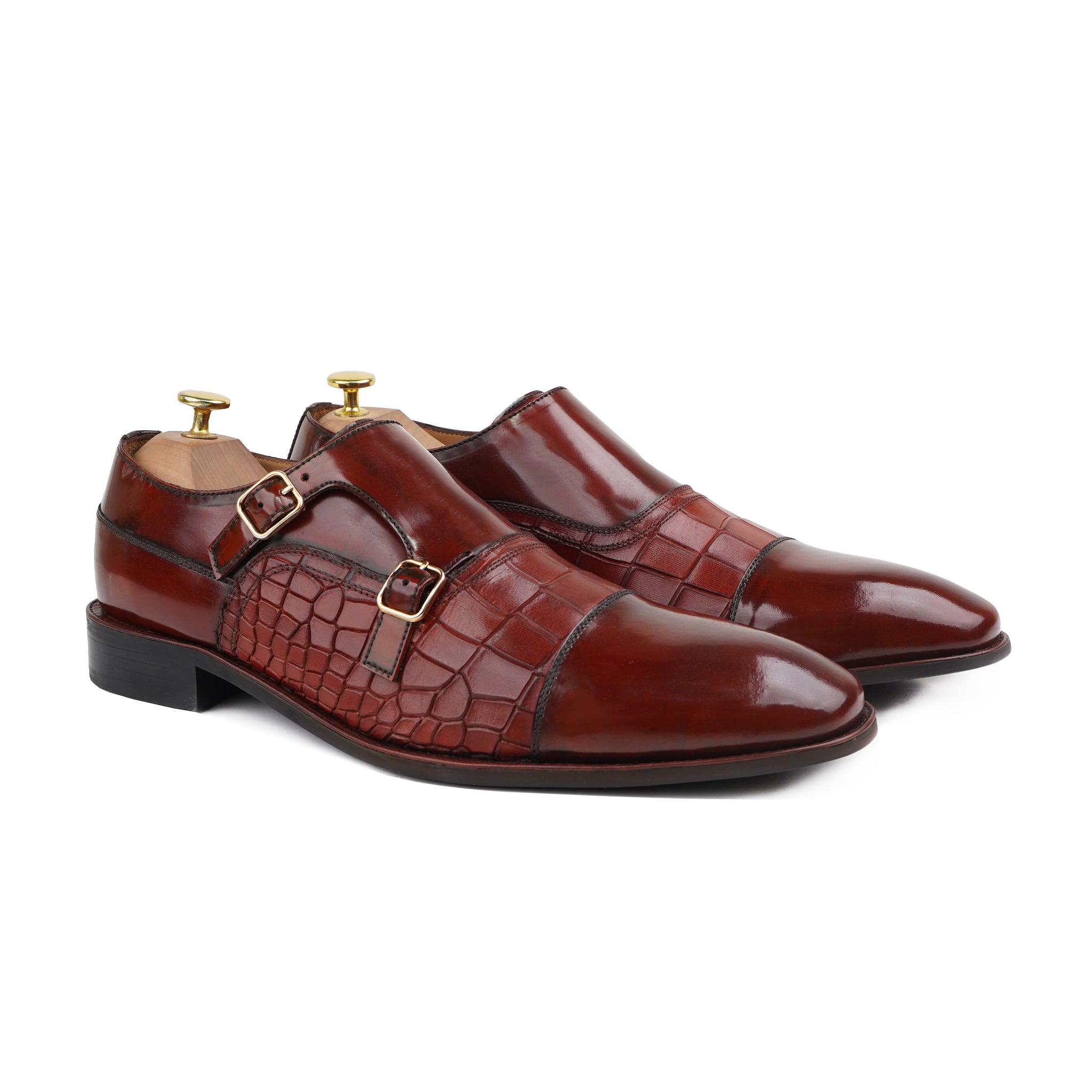 Pitzu - Men's Oxblood Box Leather High Shine Double Monkstrap