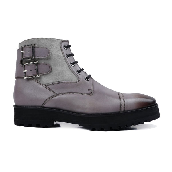 Henry - Men's  Burnished Grey Calf Leather and Steel Grey Kid Suede Boot