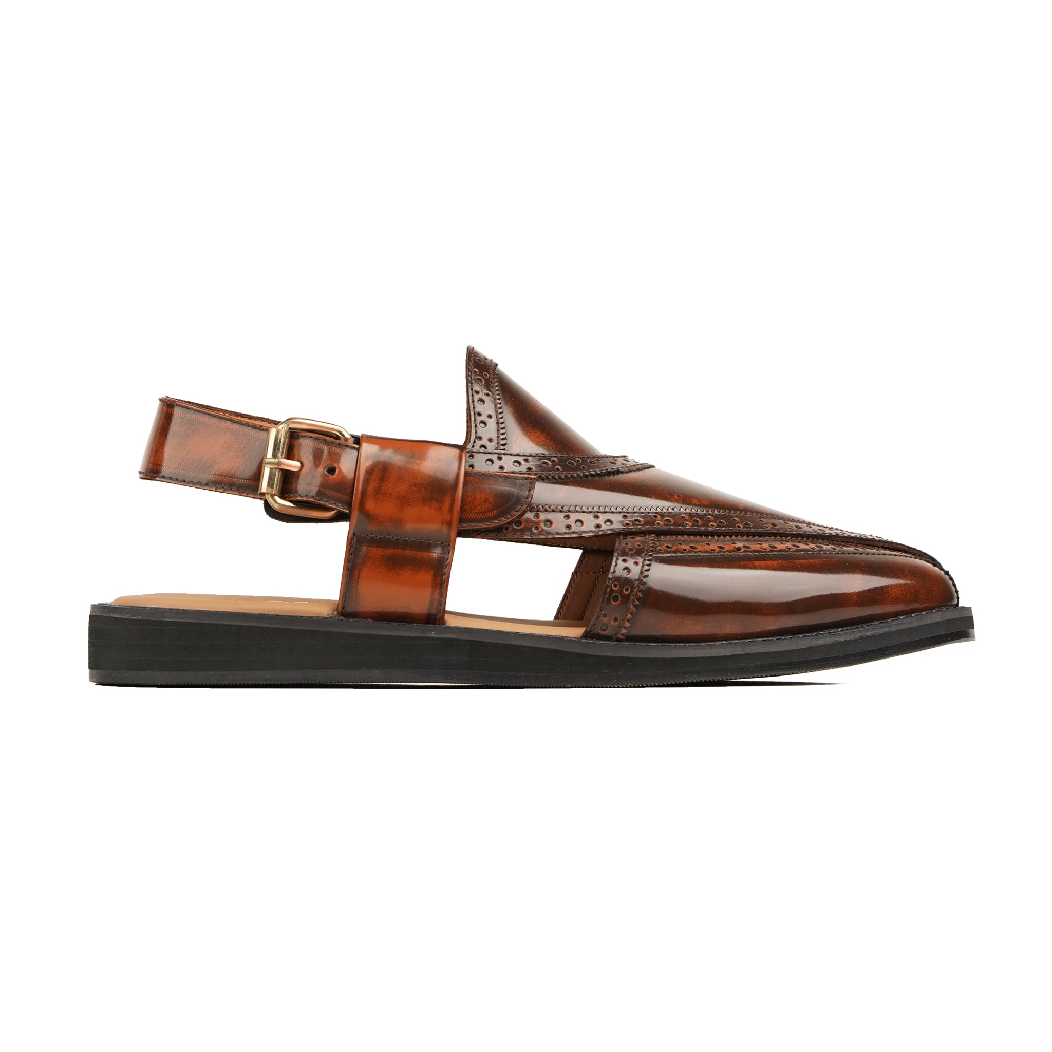 Kura  - Men's Burnished Brown Box Leather High Shine Sandal