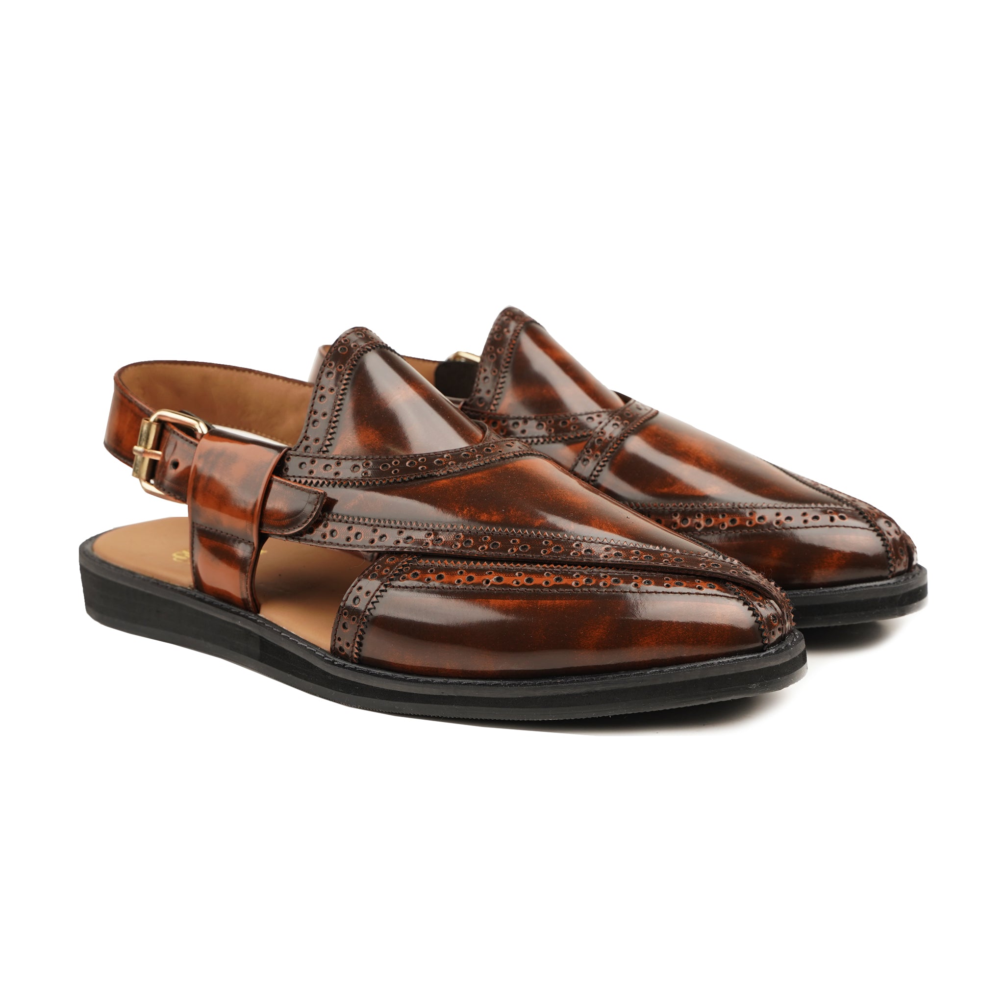 Kura  - Men's Burnished Brown Box Leather High Shine Sandal